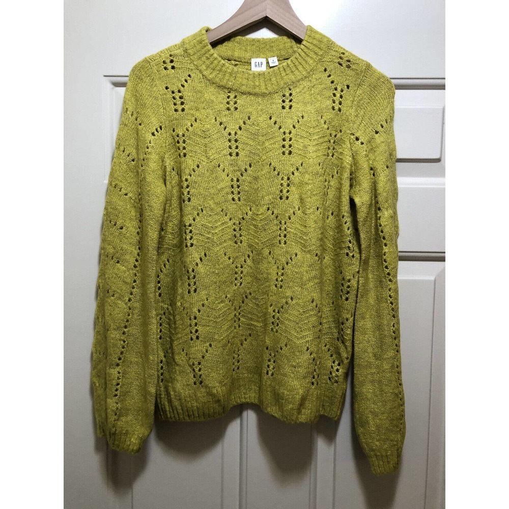 Gap Wool Pointelle Crew Neck Sweater Sz S Citron Soft Cozy Bubble Sleeve